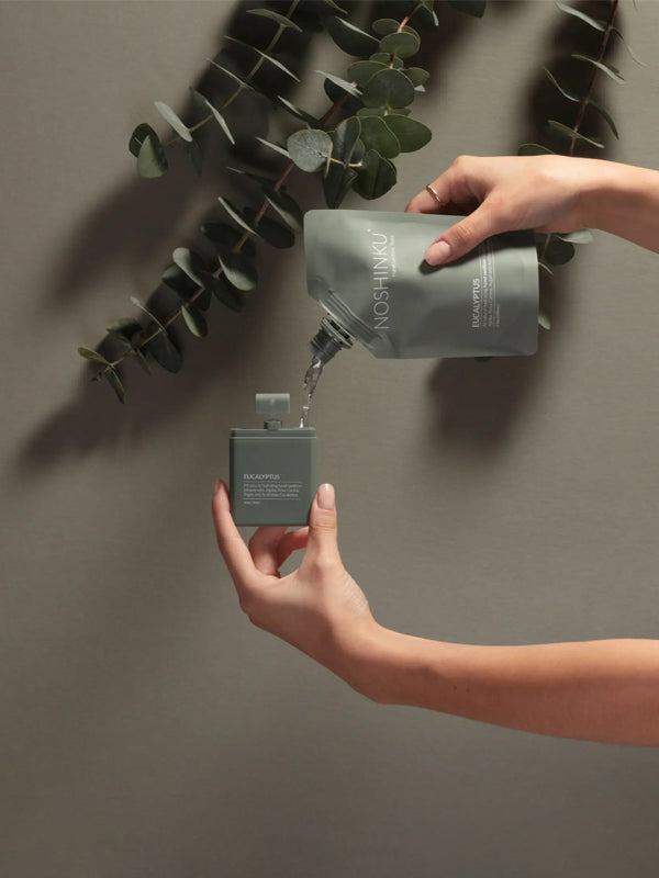 Eucalyptus pocket hand sanitizer with a refreshing, crisp scent, packaged in a compact bottle perfect for on-the-go cleaning and a calming, invigorating fragrance.